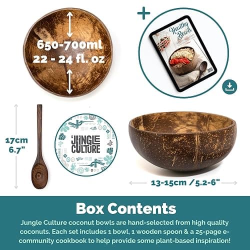 Jungle Culture 1 Coconut Bowl & Spoon with FREE eBook • Wooden Bowls • Salad Serving Bowl • Acai Smoothies Pasta Cereal • Cute Vegan Gift Ideas • Eco Friendly Coconut Shell Bowls thumbnail 3