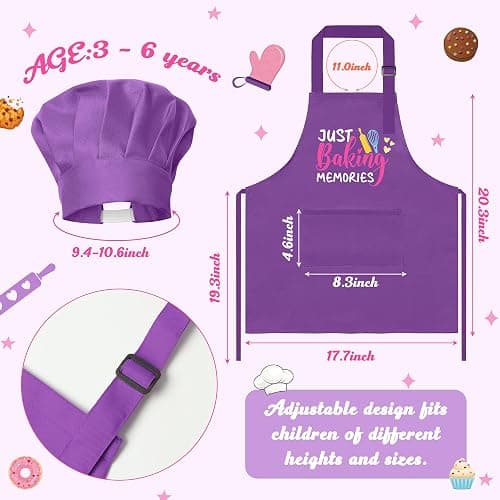 R HORSE 2Pcs Kid Apron And Chef Hat Set, Adjustable Children Purple Kitchen Apron, Dress up Role Play Chef Toy, Cooking Baking Painting Kit Kid Funny Cooking Gift Birthday New Year Christmas Gift thumbnail 3