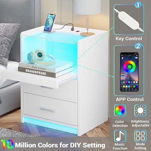 AOGLLATI LED Nightstand with Charging Station, Night Stand with Pull-Out Tray, 2 Drawers, Bedside Table with LED Lights, Modern End Table with USB Ports Outlets, White thumbnail 3