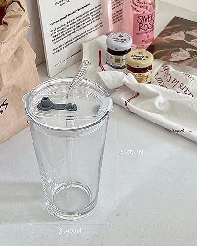 Olvini 15oz Glass Tumbler with Straw and Lid, Cute Iced Coffee Cups, Aesthetic Glass Cups, Coffee Tumbler, Water Cup, Matcha Cup, Drinking Glasses (Clear) thumbnail 4