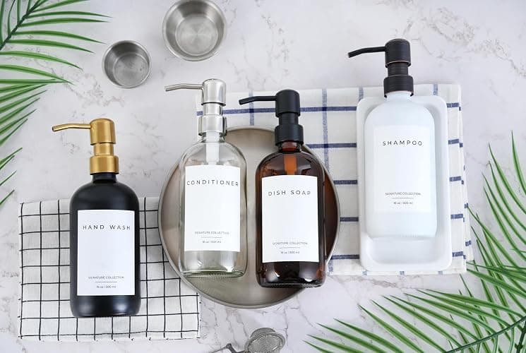 Emerson Essentials Soap Dispenser Set, Dish Soap for Kitchen, Bathroom Set - Hands and Dishes for Home, Farmhouse, Glass Soap Dispenser with Pump and Labels | 16 Oz, 2 Pack thumbnail 2