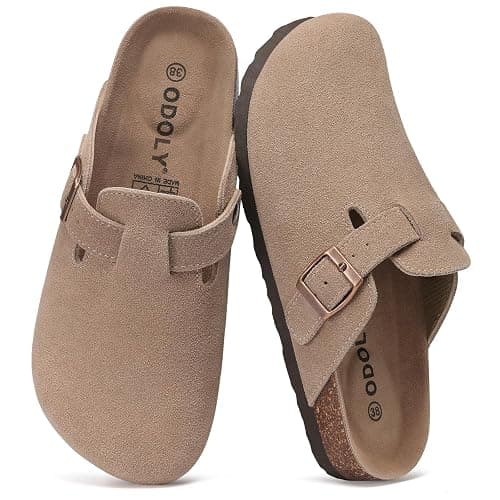 ODOLY Genuine Suede Clogs for Women Men Comfort Cork Footbed Potato Shoes | Unisex Lightweight Slip-On Leather Mules with Arch Support, Adjustable Buckle, Indoor Outdoor Footwear - Image 1