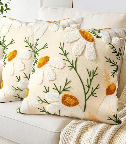 Kokaaee Embroidered Throw Pillow Covers 18x18 Inch - Set of 2 Summer Decorative Pillow Covers with Zipper Aesthetic Cute Design Throw Pillowcases for Couch Sofa Bed, Daisy thumbnail 7