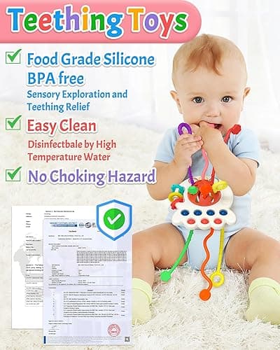 Yetonamr Baby Sensory Montessori Toys for 6-12-18 Months, Pull String Silicone Teething Toy, Toddler Birthday Gift Travel Toy for 1 2 Year Old Boy Girl Infant 8 9 10 Months Old - Red thumbnail 5