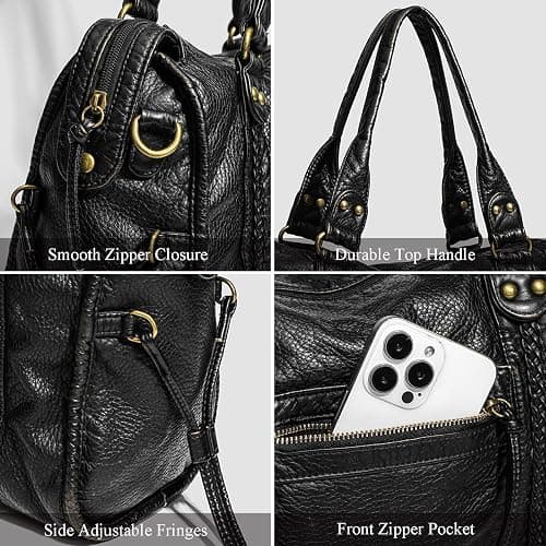 RuiDay Sac à main vintage pour femme, Sac à bandoulière pour Femme avec Multi-Poches, sac fourre tout en Cuir PU, Sac messager, Pour l'école, les voyages thumbnail 4