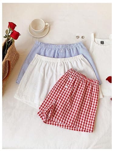 MakeMeChic Women's 3 Pack Linen Shorts Plaid Gingham Striped Summer Beach Boxer Shorts thumbnail 2