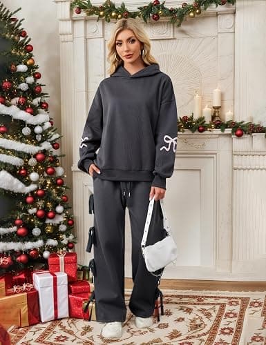 OLAPTA Women Oversized Bow Trim Print Hoodies Long Sleeve Fleeced Casual Graphic Pullover Trendy Fall Hooded Sweatshirts Top thumbnail 4