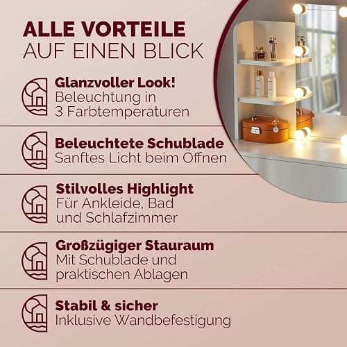 Casaria® Schminktisch mit Spiegel LED Beleuchtung Fernbedienung Schublade Beleuchtet Organizer Weiß Frisiertisch Ablagen 110x40cm Kosmetiktisch Holz thumbnail 8