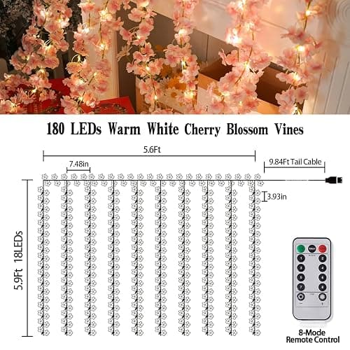 Cherry Blossom String Lights Artificial Flowers Outdoor Hanging Silk Flowers Garland for Wedding Party Home Bedroom Decor Pink Room Decor Aesthetic thumbnail 3