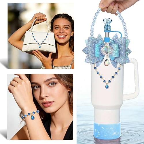Diamond Bling Accessories for Stanley Cup Tumbler 40oz 30oz 24oz Blue Slate | 7PCS bling tumbler accessories set with bow charm, pearl handle strap, silicone boot, straw covers and charms thumbnail 3