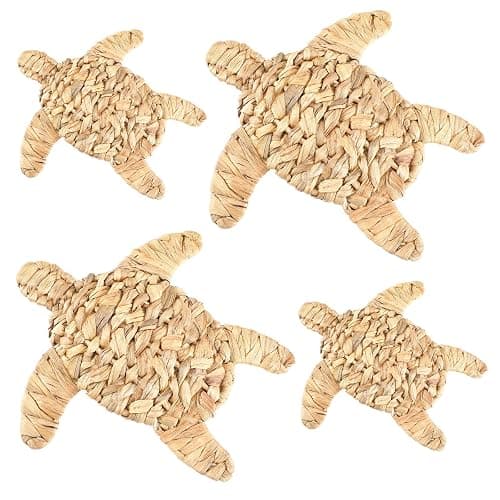 Threehoney 4 Pcs Turtle Beach Theme Decor Handmade Wicker Turtle Wall Decor Sea Life Hanging Wall Art Coastal Nautical Sculpture Table Decoration for Boho Bathroom Indoor Outdoor Ornament thumbnail 2