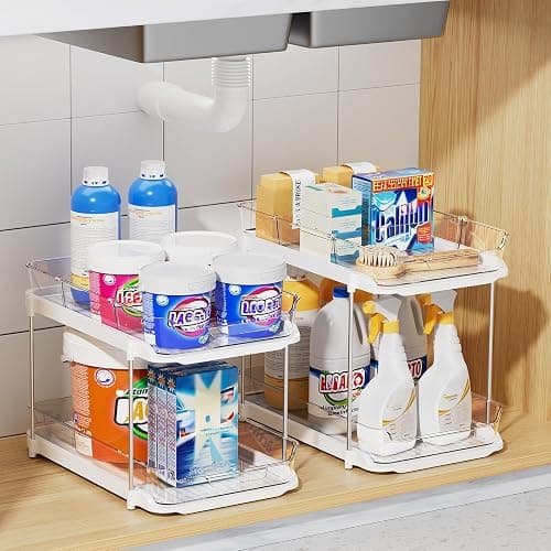 Delamu 4 Pack 2-Tier Bathroom Under Sink Organizers and Storage, Multi-Purpose Stackable Pantry Organization and Storage, Pull Out Clear Kitchen Bathroom Cabinet Organizer with Movable Dividers, White thumbnail 6