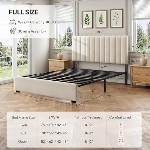 Welzona Full Upholstered Bed Frame with Headboard, Velvet Upholstered Metal Platform Bed with Vertical Channel Tufted Headboard, 3-Level Height, Metal Slat Support, Noise-Free Easy Assembly, White thumbnail 2