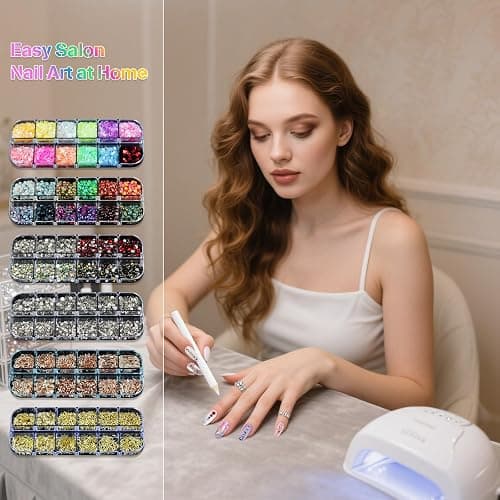 Artdone Nail Art Studs Kit, 6 boxes Multicolor And Design 3D Charms With 15 Sheets Gold Nail Stickers, Diamond Cute Nail Jewels For DIY Decoration with Pickup Tools thumbnail 7