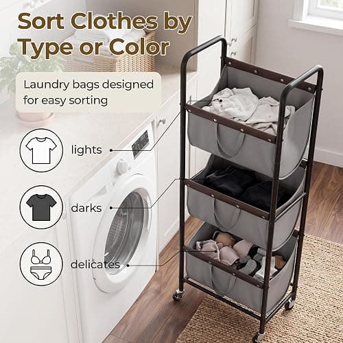 GRANNY SAYS 3 Tiered Laundry Sorter, Narrow Hamper Cart with Wheels | Sturdy 3 Section Laundry Basket with Wheels, Vertical Grey Hamper Cart for Bedroom, Bathroom, Apartment thumbnail 4