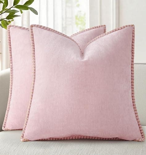 decorUhome Soft Chenille Throw Pillow Covers 20x20 Set of 2 Blush Pink | Fall Textured Decorative Throw Pillow Cases Stitched Edge Modern Farmhouse Luxury Boho Velvet for Couch Sofa Bed Home Decor - Image 1