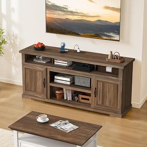 Marsail 70" Rustic Farmhouse TV Stand, Entertainment Center Fits TVs up to 80 Inch, Storage Cabinets, Adjustable Shelves & Built-in Power Outlets, for Living Room, Dark Brown thumbnail 8
