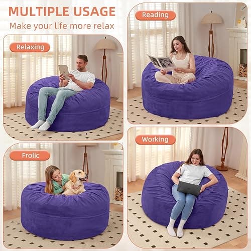 HABUTWAY Bean Bag Chair 3Ft Luxurious Velvet Ultra Soft Fur with High Rebound Memory Foam Bean Bag Chairs for Adults Plush Lazy Sofa with Fluffy Sponge 3' (Purple) thumbnail 4