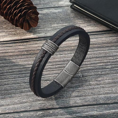Personalized Custom Name Bracelets for Men - Mens Leather Bracelet with 2-5 Kids Names Customized Gifts for Dad Husband Son thumbnail 5