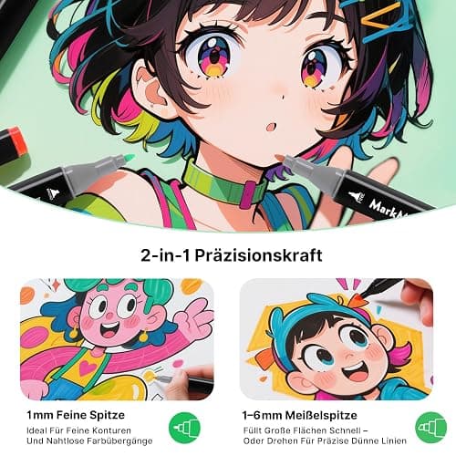 MarkMuse 80 Alkohol Marker Set, Doppelspitze (Meißel & Feinspitze) Blitzschnell Trocknende Alkohol Marker Stifte für Studenten, Künstler & Anfänger – Ideal für Manga, Skizzen, Design-Projekte thumbnail 3