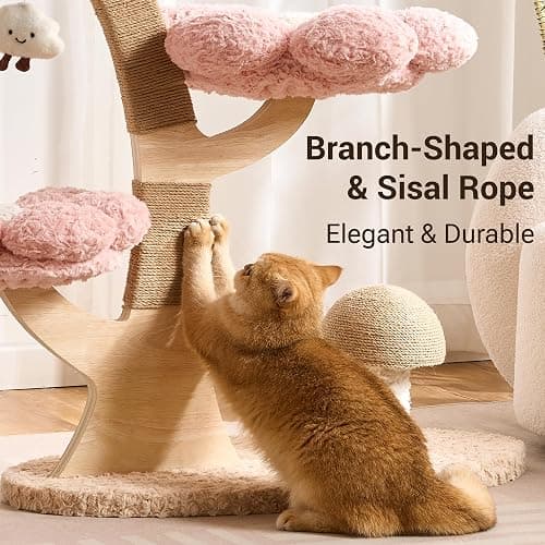 Kicari Aesthetic Flower Cat Tree Tower with Scratching Post for Indoor Cats, 37" H Modern Cat Tree with Wood Sculpted Branch, Flower Cat Beds, Mushroom Scratcher & Interactive Squeaky Toy, Pink thumbnail 3