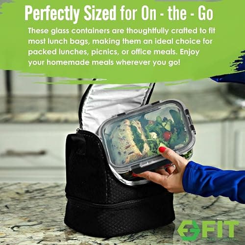 FIT Strong & Healthy Glass Meal Prep Containers, 2 & 3 Compartments – 32 oz Glass Containers with Lids, Food Storage with Black Lids, Oven & Freezer Safe, Leak-Proof Bento Box Adult, 4 Pack thumbnail 6