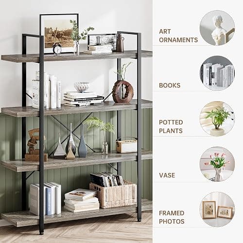OtterOasis Heavy Duty 4-Tier Industrial Bookcase, 47" Wide Wood Bookshelf for Home Office, 120lbs Shelf Capacity, Rustic Shelving Display with Reinforced Horizontal Shelf for Living Room Bedroom,Grey thumbnail 3