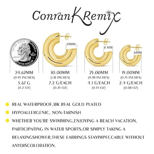 CONRAN KREMIX Waterproof Chunky Gold Hoops Earrings for Women Non Tarnish, Thick Gold Plated Circle Open Hoop,Lightweight Hollow Earrings Trendy thumbnail 4