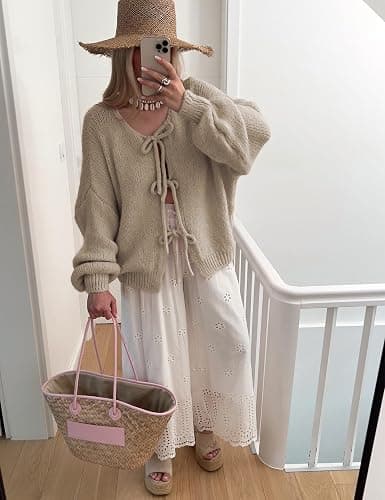 SKIKYAN Women Bowtie Oversized Knit Sweater Cardigan Y2K Long Sleeve V Neck Open Front Casual Knitwears thumbnail 5