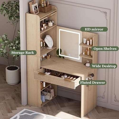 Royal Windsor Makeup Vanity Desk with Mirror and Lights, Corner Vanity Desk, 3 Color Touch Screen Led Mirror, High-Capacity Storage, Girls Vanity Combo，Natural Oak thumbnail 6
