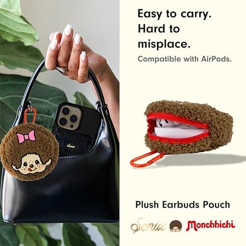 Sonix x Monchhichi Plush Earbud Pouch | Tech Keychain Bag Charm, Fuzzy Plush Character Coin Purse for Small Accessories, Earbuds | Monchhichi Girl thumbnail 5
