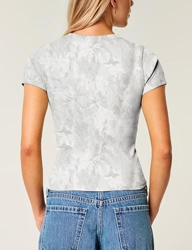 MSBESYOR Women Camo Shirt Crop Top Y2K Maple Leaf Graphic Baby Tee Short Sleeve Slim Fit Round Neck T Shirt Streetwear - Medium - 05 Grey White thumbnail 2