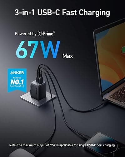 Anker Prime 67W USB C Charger, Anker GaN Wall Charger, 3-Port Compact Fast PPS Charger, For MacBook Pro/Air, Pixelbook, iPad Pro, iPhone 17/16/Pro, Galaxy S23/S22, Note20, Pixel, Apple Watch, and More thumbnail 2