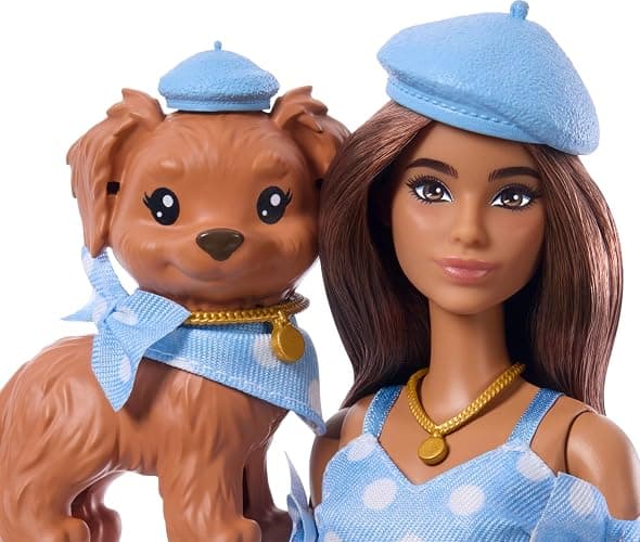 Barbie Twinning Looks Doll with Pet Dog in Matching Blue Polka Dot Clothes and Accessories for Both like Berets and Purses, Brown Hair, JFP38 thumbnail 3