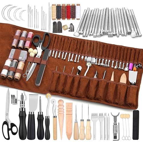 TLKKUE Leather Working Tools Leather Craft Tools for Carving Stamping Sewing Punching Cutting with Custom Storage Bag Professional Tooling Kit for Crafting, Repair & DIY Projects thumbnail 2
