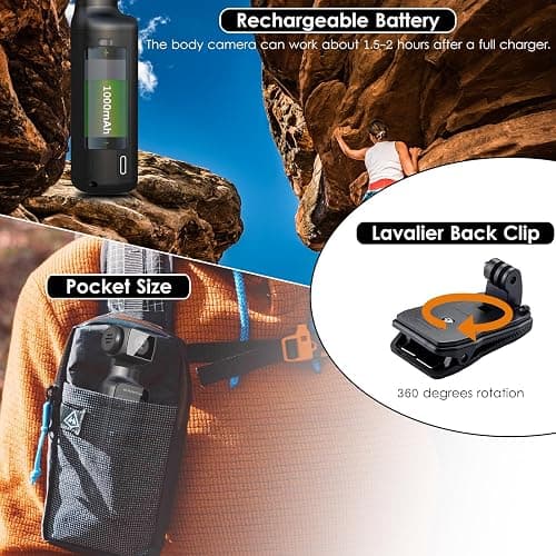 ydi Cámara Corporal 4K con Micrófono Externo, Video y Audio Mini Pocket CAM Rotación 270° Cámara para Deporte, Bicicleta, Viajes, Grabación Policial, 64 GB Incluidos thumbnail 8