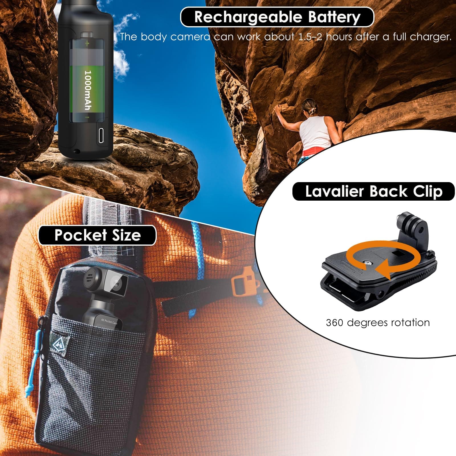 4K Body Camera with External Microphone, Mini Video & Audio Pocket Cam 270° Rotation Camera for Outdoor Sport, Bike, Travel, Police Law Enforcement, Personal Civilians, 64GB Included thumbnail 8