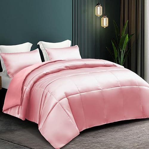 Whale Flotilla 3-Piece Reversible Silky Soft Queen Comforter Bedding Set, Luxurious Satin Comforters Full Size with 2 Satin Pillowcases, Lightweight Duvet for All Seasons, Pink thumbnail 2