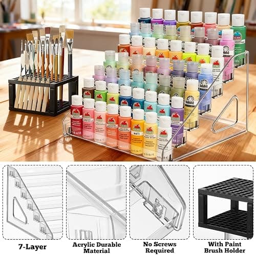 Sibosen Clear Paint Organizer With Brush Holder, 7 Layers Acrylic Paint Organizer Storage Rack, Craft Rack Miniature Holder Storage, Size for Small tube and jars thumbnail 4