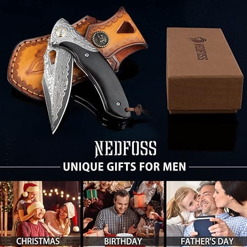 NedFoss GRIFFIN Damascus Pocket Knife for Men, 3.5" Handmade Forged VG10 Damascus Steel Blade Folding Knife with Retro Leather Sheath, Sandalwood Handle, Pocket Clip, Excellent Gifts for Men thumbnail 6