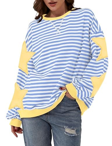 TERIVEEK Women Oversized Striped Color Block Long Sleeve Crew Neck Sweatshirt Casual Loose Pullover Y2K Shirt Top thumbnail 4