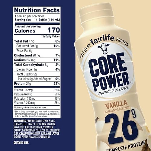Core Power Protein Shake, Vanilla, 26g Bottle, 14oz, 12 Pack thumbnail 2