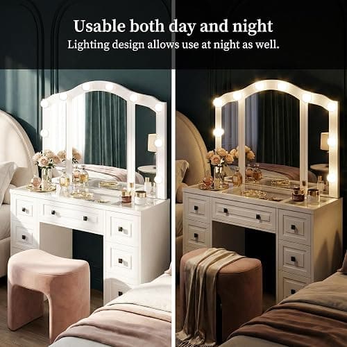 FUSUNBAO White Lighted Vanity Desk, Tri-Fold Mirror, 5 Drawers, Outlets | Retro Dressing Table with Lights, 5-Drawer Vanity Desk for Women & Girls, Vintage with Glass Top,Hair dryer holder thumbnail 5
