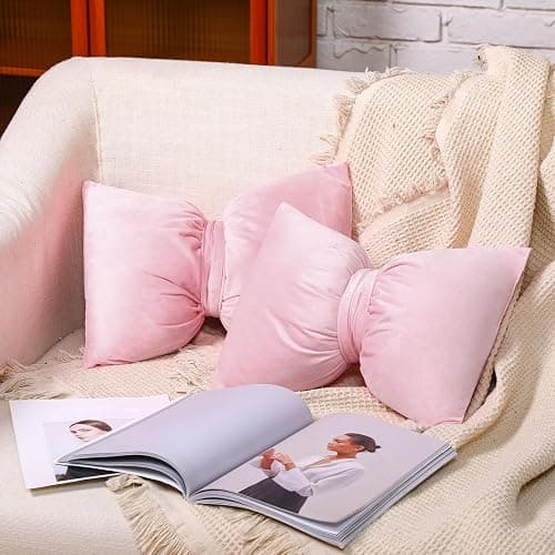 Beeveer 2 Pcs 12 x 18 Inch Bow Pillow Coquettish Throw Pillow Big Bow Shaped Cushion Velvet Coquette Decor Cushion for Room School Nursery Bed Sofa Couch Holiday Car Decor(Pink) thumbnail 5