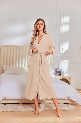 Ekouaer Robes for Women Lightweight Knit Waffle Bathrobe Full Length Kimono Casual Ladies Loungewear thumbnail 2