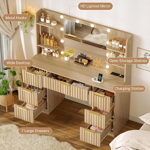 FIONESO Fluted Vanity Desk with Mirror and Adjustable LED Lights & Power Outlet, Makeup Vanity Desk with 7 Drawers,4 Shelves and 5 Hooks, Vanity for Girls, Natural Oak thumbnail 4