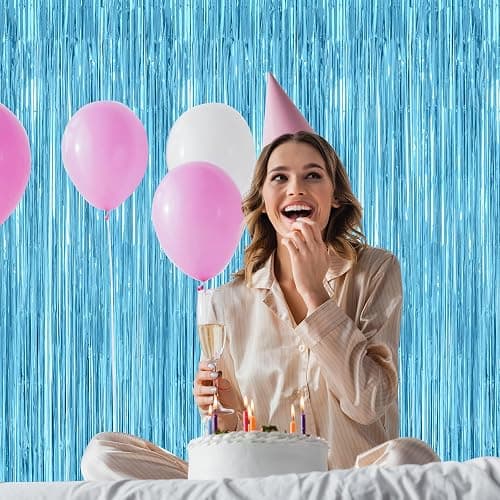 ZATAYE 2 Pack Sky Blue Foil Curtain Backdrop Birthday Party Decorations | Sky Blue, Metallic Foil, 3.28 x 7.05 FT, Tinsel Backdrop, Foil Curtain Streamer, Winter Wonderland Party thumbnail 2