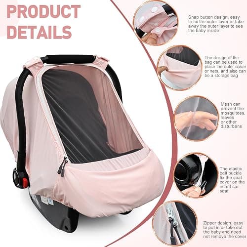 Baby Car Seat Cover,Sunproof Car Seat Canopy for Babies, Extra Large Mesh Window Baby Car Seat Sun Shade Cover, Infant Carseat Covers for Summer/Autumn Use(Pink) thumbnail 4
