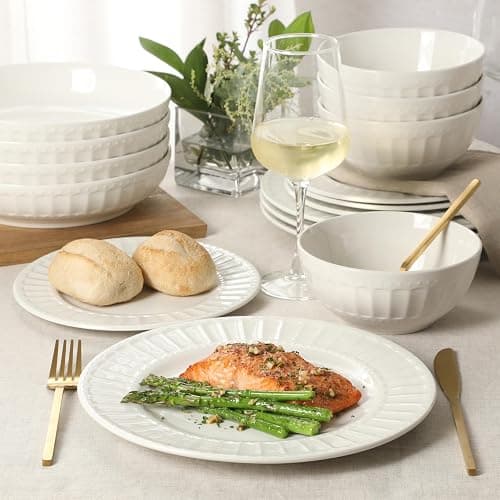 Gibson Home Melbourne White Plates and Bowls Set, 16 Piece Embossed Ceramic Dinnerware Set - Service for 4 Dishes - With Pasta Bowl thumbnail 2