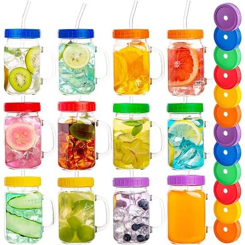 wookgreat Mason Jars with Handle, 12 Pack 16oz Jar Drinking glasses lid and straw, Cups, Regular Mouth mugs for Iced Coffee, Smoothie, Airtight Lids Food Storage, clear - Image 1